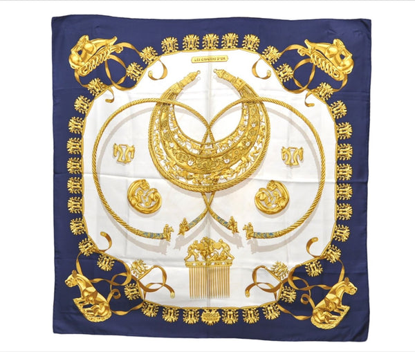 Authentic HERMES Carre 90 Scarf "LES CAVALIERS D'OR" Silk Navy 8379E