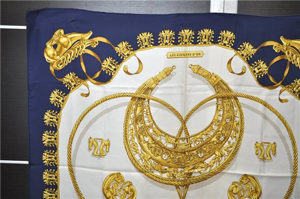 Authentic HERMES Carre 90 Scarf "LES CAVALIERS D'OR" Silk Navy 8379E