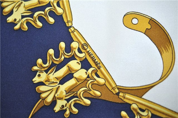 Authentic HERMES Carre 90 Scarf "LES CAVALIERS D'OR" Silk Navy 8379E