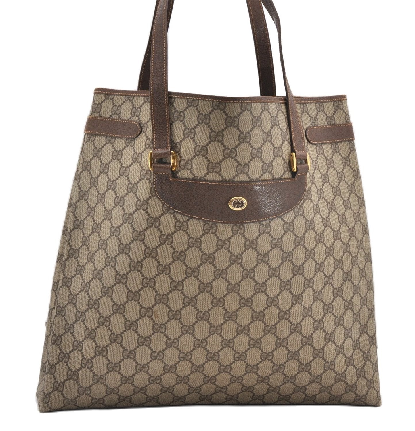 Authentic GUCCI Vintage Shoulder Tote Bag GG PVC Leather Brown 8384F