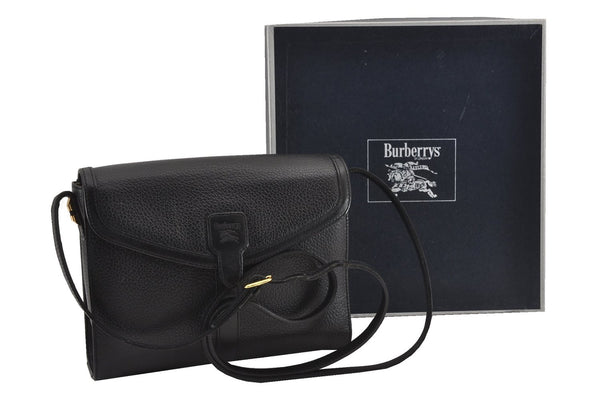 Authentic Burberrys Leather Shoulder Cross Body Bag Purse Black Box 8404F