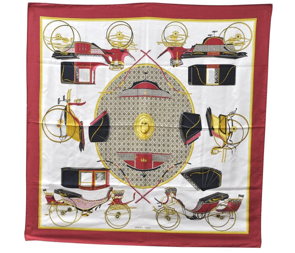 Authentic HERMES Carre 90 Scarf "LES VOITURES A TRANSFORMATION" Silk Red 8417C