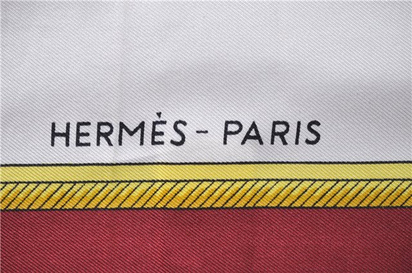 Authentic HERMES Carre 90 Scarf "LES VOITURES A TRANSFORMATION" Silk Red 8417C