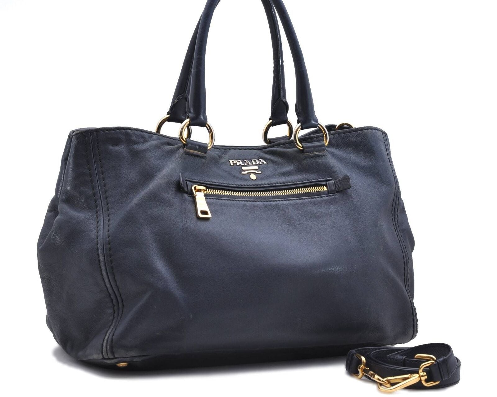 Authentic PRADA Leather 2Way Shoulder Tote Bag Navy Blue 8423B