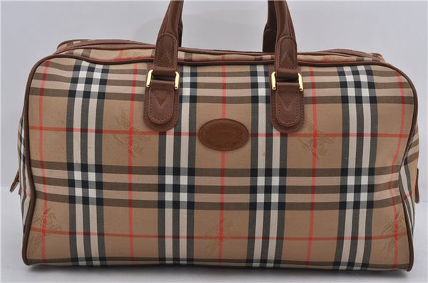 Authentic Burberrys Nova Check Canvas Travel Boston Bag Brown 8423D