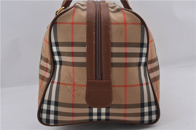 Authentic Burberrys Nova Check Canvas Travel Boston Bag Brown 8423D