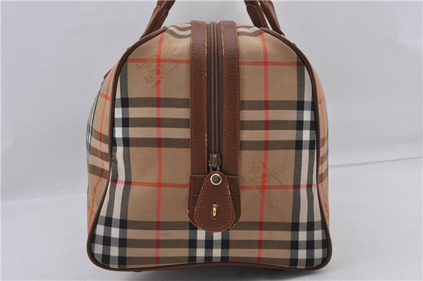 Authentic Burberrys Nova Check Canvas Travel Boston Bag Brown 8423D