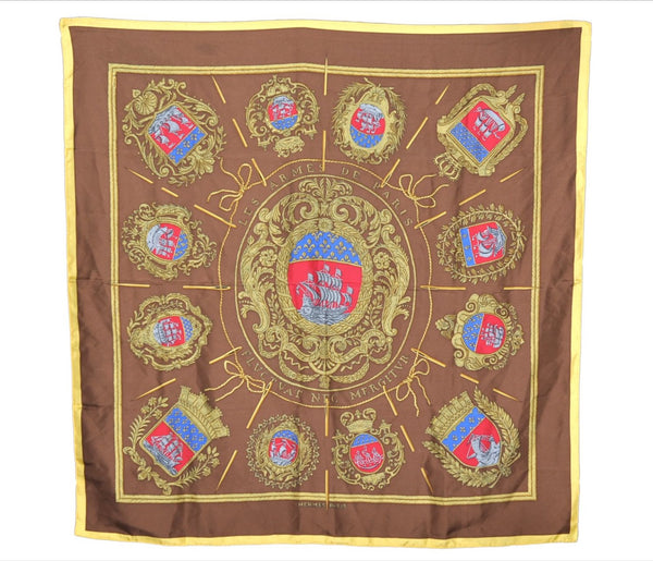 Authentic HERMES Carre 90 Scarf "LES ARMES DE PARIS" Silk Yellow 8426E