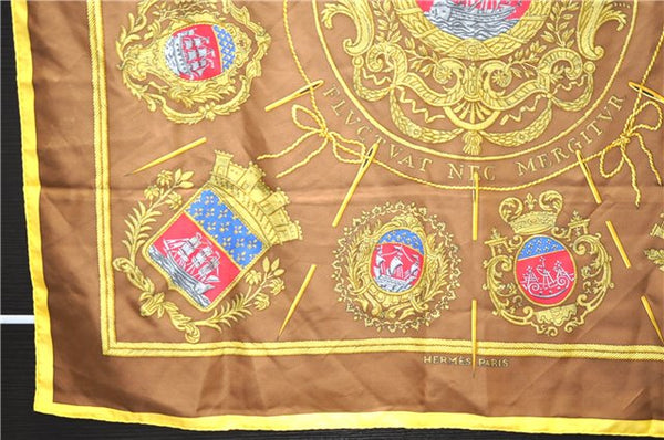 Authentic HERMES Carre 90 Scarf "LES ARMES DE PARIS" Silk Yellow 8426E