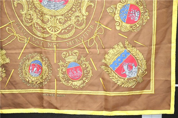 Authentic HERMES Carre 90 Scarf "LES ARMES DE PARIS" Silk Yellow 8426E