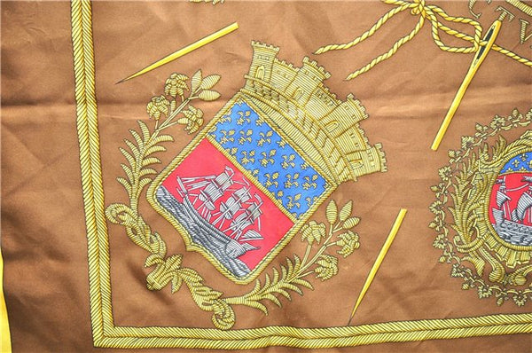 Authentic HERMES Carre 90 Scarf "LES ARMES DE PARIS" Silk Yellow 8426E