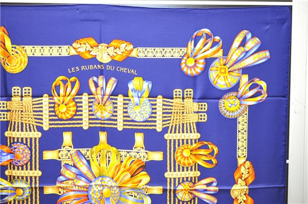 Authentic HERMES Carre 90 Scarf "LES RUBANS DU CHEVAL" Silk Blue Box 8430C