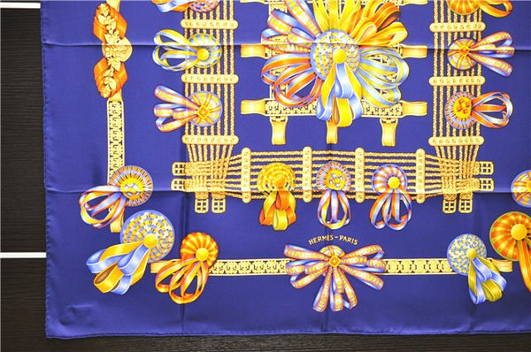 Authentic HERMES Carre 90 Scarf "LES RUBANS DU CHEVAL" Silk Blue Box 8430C