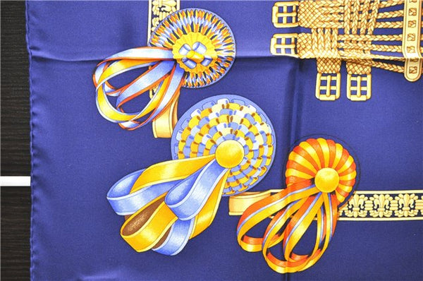 Authentic HERMES Carre 90 Scarf "LES RUBANS DU CHEVAL" Silk Blue Box 8430C