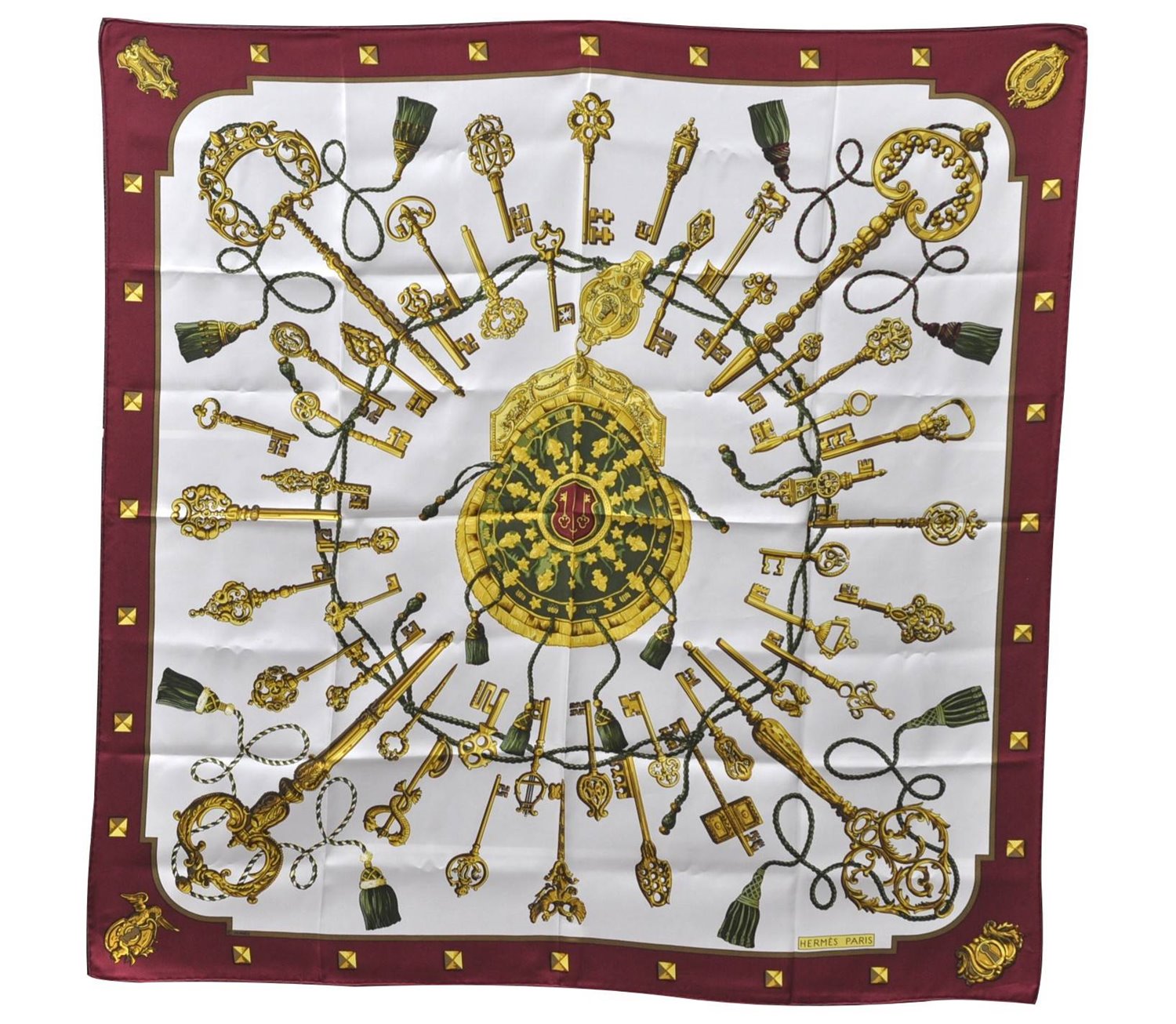 Authentic HERMES Carre 90 Scarf Key Tassel Motif Silk Bordeaux Red 8432C