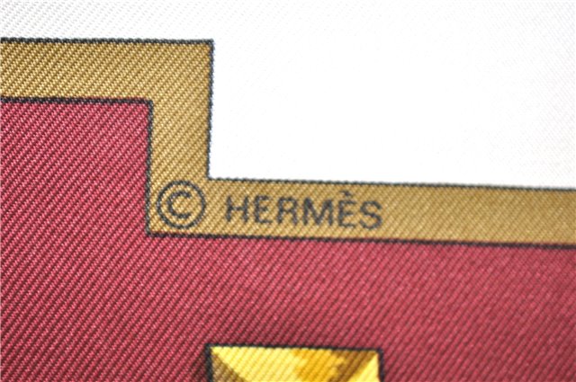 Authentic HERMES Carre 90 Scarf Key Tassel Motif Silk Bordeaux Red 8432C