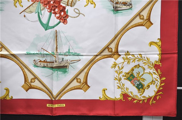 Authentic HERMES Carre 90 Scarf "BORDEAUX PORTE OCEANE" Silk Red 8432E