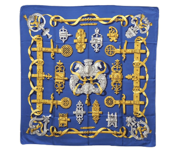 Authentic HERMES Carre 90 Scarf "FERRONNERIE" Silk Blue 8433E