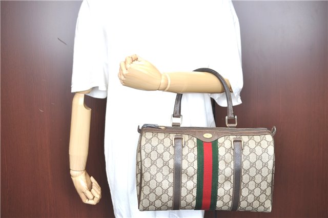 Authentic GUCCI Web Sherry Line Hand Boston Bag GG PVC Leather Brown Junk 8435B