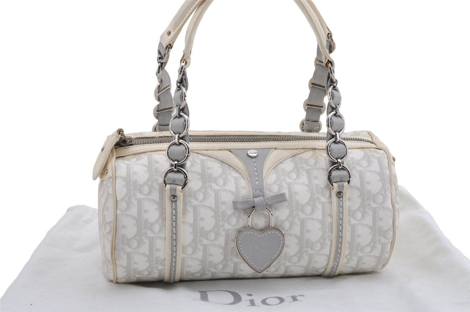 Auth Christian Dior Trotter Romantic Ribbon Hand Bag PVC Leather White 8437D