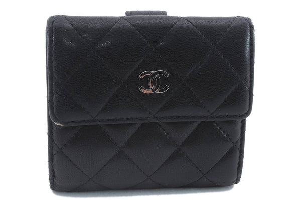 Authentic CHANEL Lamb Skin Matelasse Bifold Wallet Purse Black CC 8444C