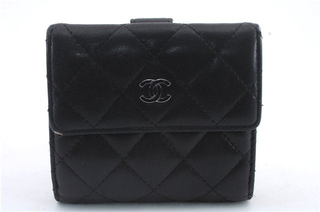 Authentic CHANEL Lamb Skin Matelasse Bifold Wallet Purse Black CC 8444C