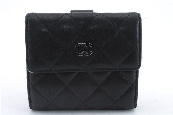 Authentic CHANEL Lamb Skin Matelasse Bifold Wallet Purse Black CC 8444C