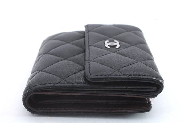 Authentic CHANEL Lamb Skin Matelasse Bifold Wallet Purse Black CC 8444C