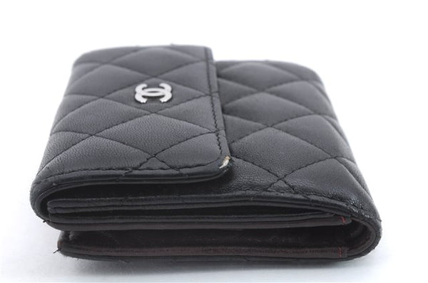 Authentic CHANEL Lamb Skin Matelasse Bifold Wallet Purse Black CC 8444C