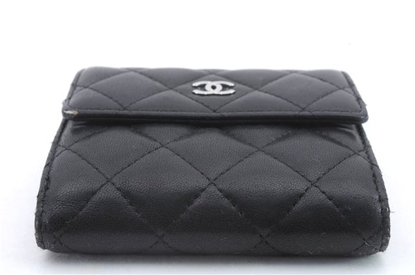 Authentic CHANEL Lamb Skin Matelasse Bifold Wallet Purse Black CC 8444C