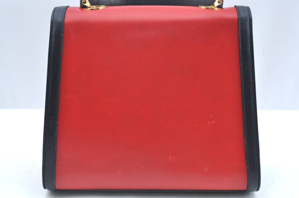 Authentic CELINE Vintage Hand Bag Purse Leather Red Navy 8445G