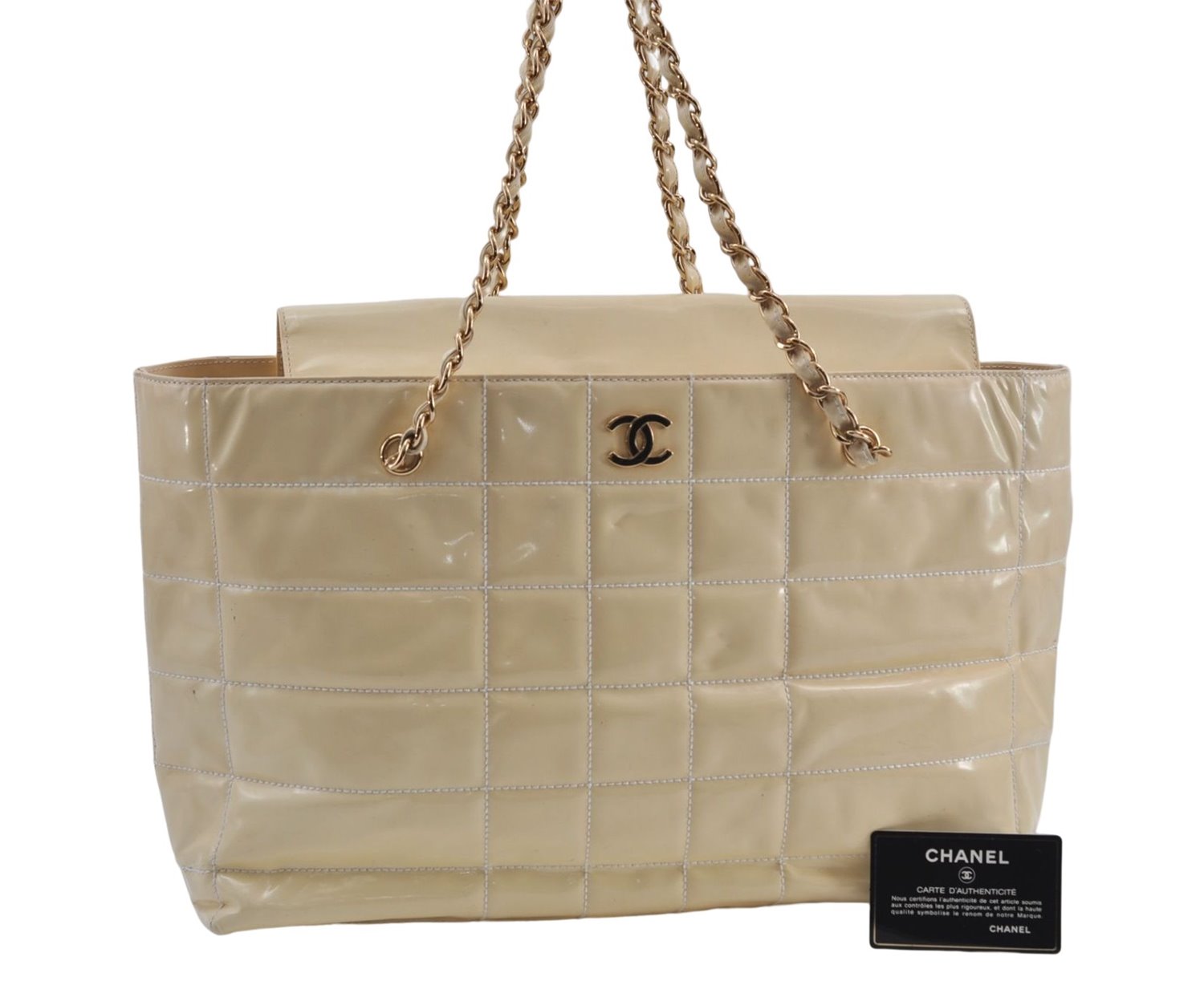 Authentic CHANEL Enamel Chocolate Bar Chain Shoulder Tote Bag Ivory 8447D