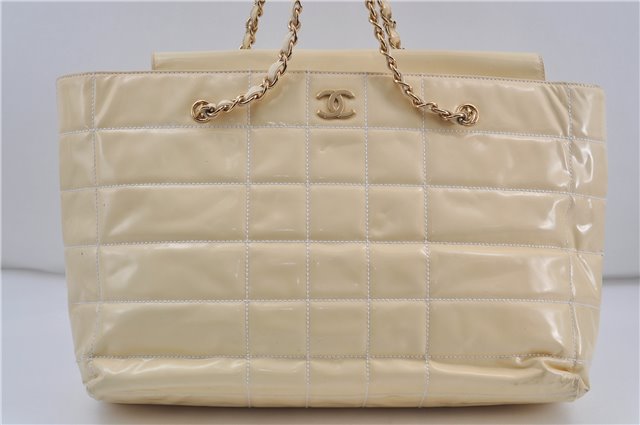 Authentic CHANEL Enamel Chocolate Bar Chain Shoulder Tote Bag Ivory 8447D