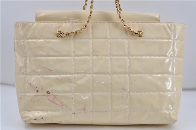 Authentic CHANEL Enamel Chocolate Bar Chain Shoulder Tote Bag Ivory 8447D