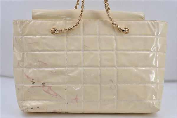 Authentic CHANEL Enamel Chocolate Bar Chain Shoulder Tote Bag Ivory 8447D