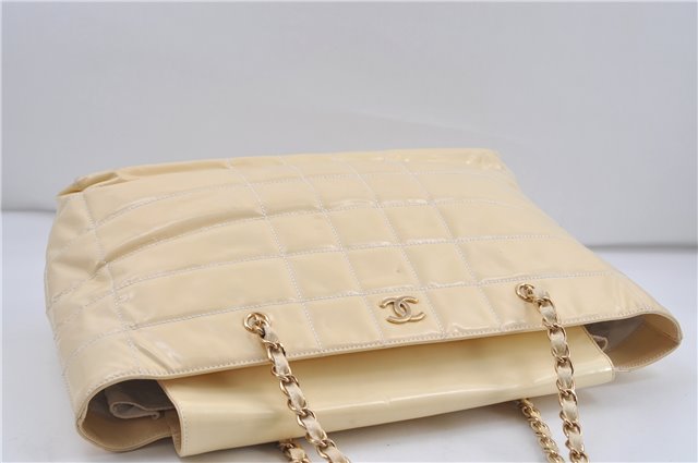 Authentic CHANEL Enamel Chocolate Bar Chain Shoulder Tote Bag Ivory 8447D