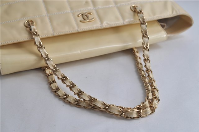 Authentic CHANEL Enamel Chocolate Bar Chain Shoulder Tote Bag Ivory 8447D