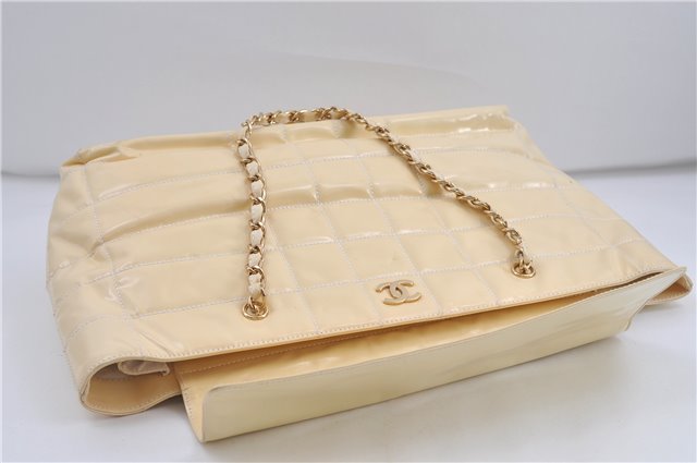 Authentic CHANEL Enamel Chocolate Bar Chain Shoulder Tote Bag Ivory 8447D