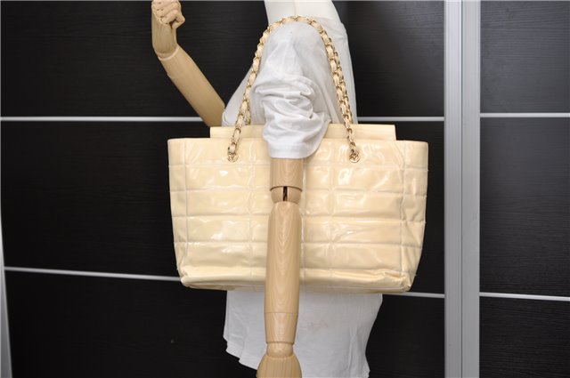 Authentic CHANEL Enamel Chocolate Bar Chain Shoulder Tote Bag Ivory 8447D