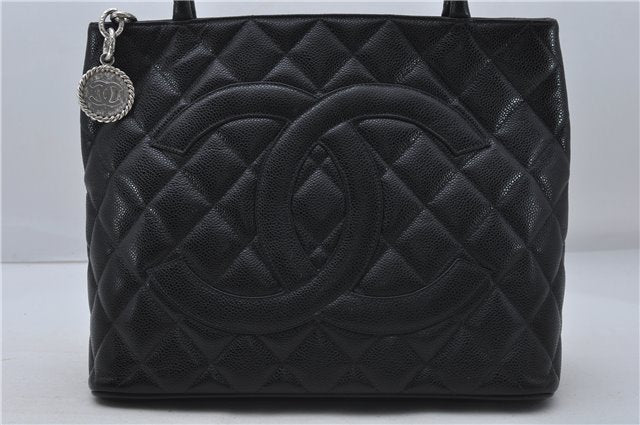 Authentic CHANEL Caviar Skin Medallion CC Logo Shoulder Tote Bag Black 8448D