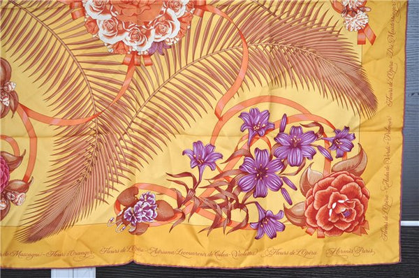 Authentic HERMES Carre 90 Scarf "Fleurs de L'Opera" Silk Purple Yellow 8453F