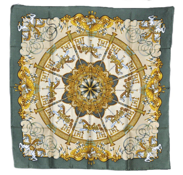 Authentic HERMES Carre 90 Scarf "LUNA PARK" Silk Khaki Green 8468E