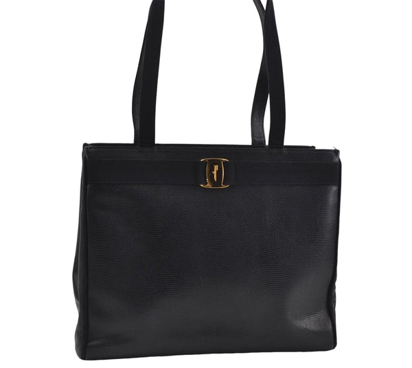 Authentic Salvatore Ferragamo Vara Leather Shoulder Tote Bag Navy Blue SF 8482D
