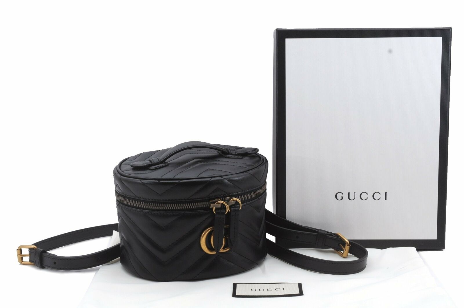 Authentic GUCCI GG Marmont Chain Backpack Leather Black Box 8501A