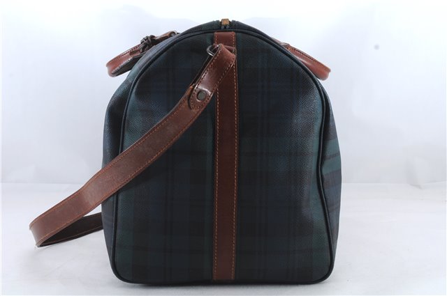 Auth POLO Ralph Lauren Vintage Check PVC Leather Travel Boston Bag Green 8504C