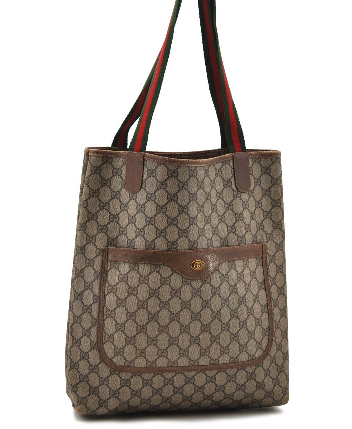 Authentic GUCCI Web Sherry Line Shoulder Tote Bag GG PVC Leather Brown 8526C