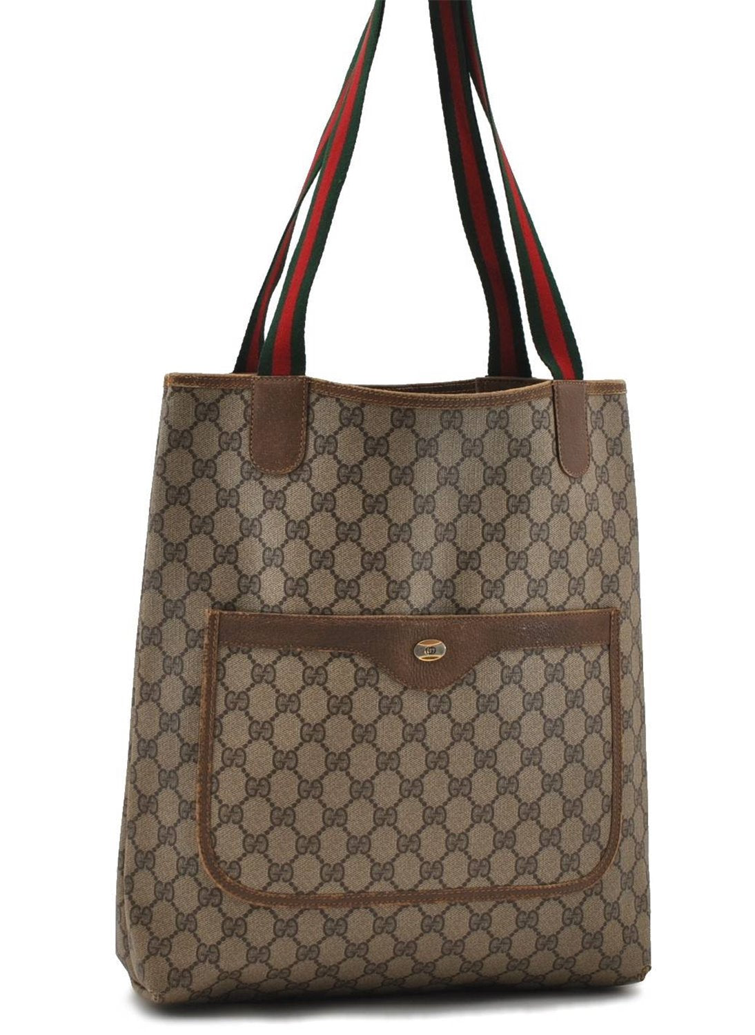 Authentic GUCCI Web Sherry Line Shoulder Tote Bag GG PVC Leather Brown 8530C