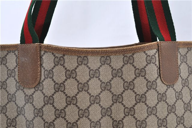 Authentic GUCCI Web Sherry Line Shoulder Tote Bag GG PVC Leather Brown 8530C