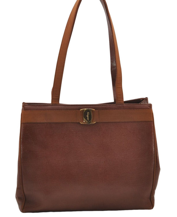 Authentic Salvatore Ferragamo Vara Leather Shoulder Tote Bag Brown SF 8533D