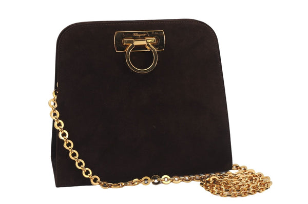 Authentic Ferragamo Gancini Chain Suede Shoulder Cross Body Bag Brown 8534D